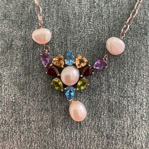 MultiGemstone Pearl sterling silver adjustable length Necklace